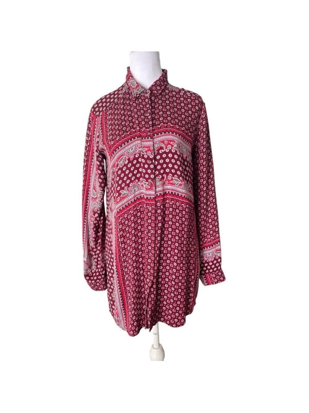 PJ SALVAGE S burgundy paisley rayon long sleeve tunic button up blouse